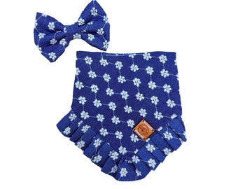 Denim Daisy Dog Bandana with Ruffle | Handmade Pet Bandana | Blue Floral Dog Scarf | Matching Bow Tie | Cat & Dog Accessories | EllyGang