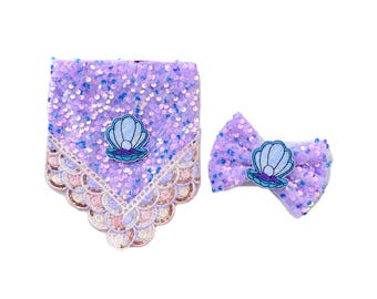 Lavender Mermaid Dog Bandana with Seashell Charm | Sparkly Sequin Pet Bandana | Princess Dog Accessory | Handmade Dog Scarf