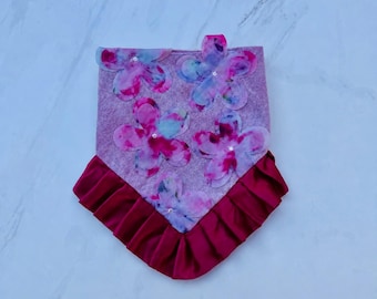 Pink Floral Dog Bandana with Burgundy Ruffle | Handmade Pet Bandana | Elegant Dog Scarf | Flower Dog Accessory | Princess Pet Outfit