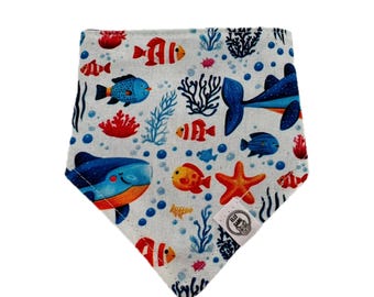 Summer Pet Bandana – Reversible Snap-On Dog & Cat Scarf | Handmade Underwater with fish