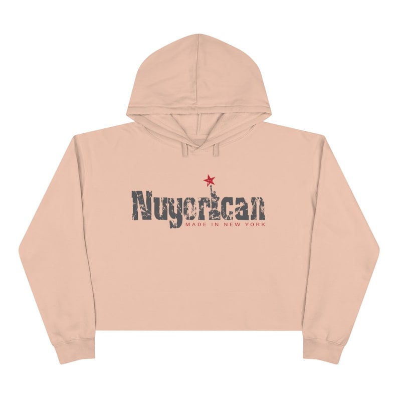 Women/'s Nuyorican grey and Red distress Crop Hoodie