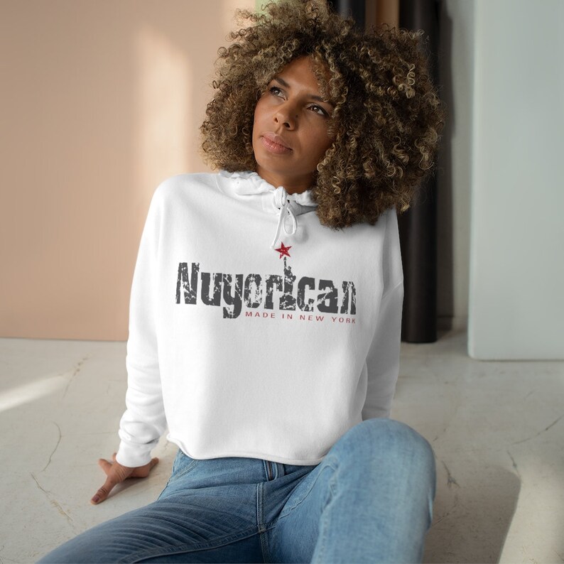 Women/'s Nuyorican grey and Red distress Crop Hoodie