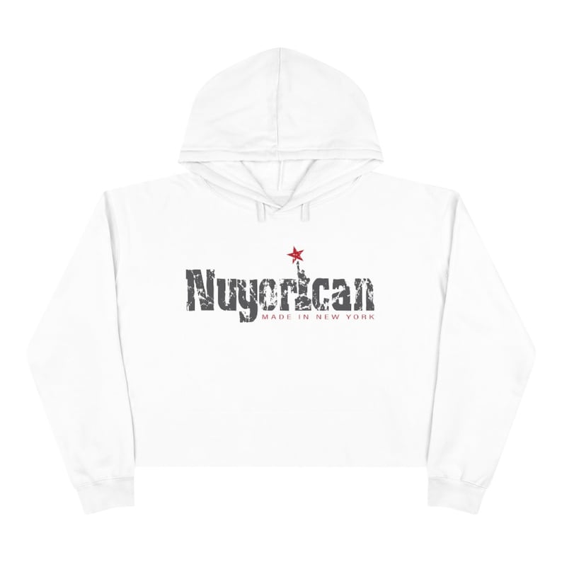 Women/'s Nuyorican grey and Red distress Crop Hoodie