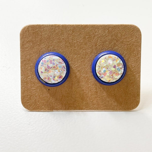 8mm White sparkle druzy studs with canyon blue setting