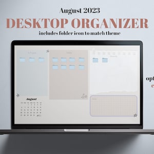 Desktop Organizer Wallpaper + Folder Icon | Minimalist, Notebook, Journal | Calendar August 2023 | Blue Neutral | Widgets | That Girl