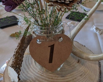 Wedding table numbers, laser engraved hearts and numbers