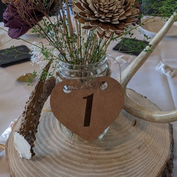 Wedding table numbers, laser engraved hearts and numbers