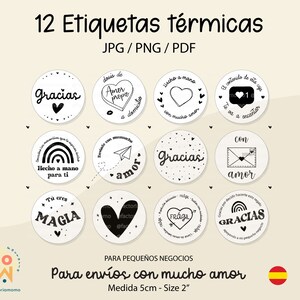 Op de afbeelding: Twaalf ronde thermische labels in zwart en wit met verschillende ontwerpen en tekst in het Spaans. De labels bevatten zinnen als "Gracias", "Amor propio", "Hecho a mano para ti", "Con amor" en "Tú eres magia". De labels hebben een diameter van 5 cm.