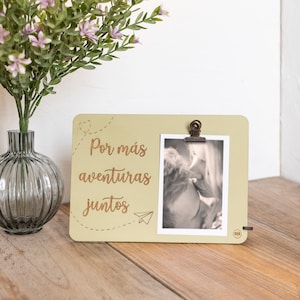 Wooden photo frame with clip. More adventures together. Valentine&#39;s Day