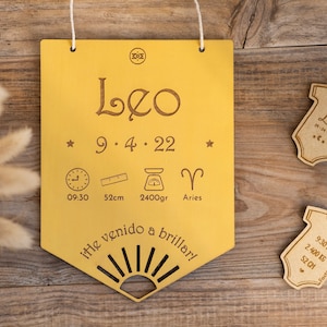 Natalicio banderola personalizado con sol. Detalles del nacimiento del bebé con horóscopo. Cartel decorativo infantil con mensaje positivo