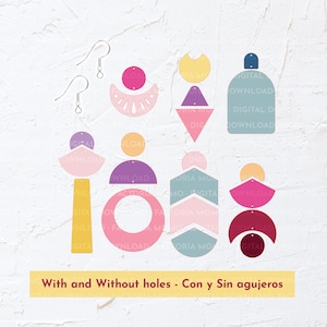 Puede incluir: Un conjunto de 10 diseños de pendientes en varias formas y colores, incluyendo círculos, triángulos y semicírculos. Los diseños se muestran con y sin agujeros. El texto "With and Without holes - Con y Sin agujeros" está en la parte inferior de la imagen.