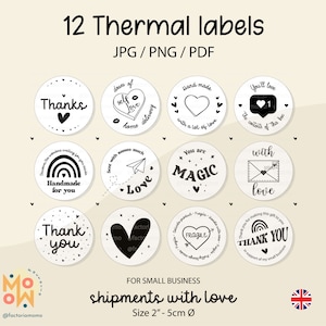 Op de afbeelding: Twaalf zwart-witte thermische labels met verschillende ontwerpen, waaronder harten, regenbogen, vliegtuigen en enveloppen. De labels hebben een diameter van 5 cm en zijn ontworpen voor kleine bedrijven om te gebruiken op zendingen.