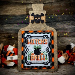 Witch&#39;s Brew Bottle Backer Board with Skull Embellishment - Fall / Halloween Cross Stitch Finishing for Needlework and Embroidery Finishes
