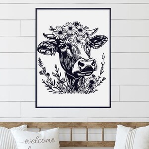 Cute Cow Art Print, Cow with Flowers, Modern Farmhouse Wall Art, Cow Poster, Modern Animal Wall Hanging Picture, Simple Cow Poster