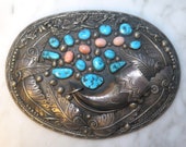 Vintage Native American Navajo Handmade Faux Bear Claw Turquoise Coral Sterling Silver Lg Belt Buckle