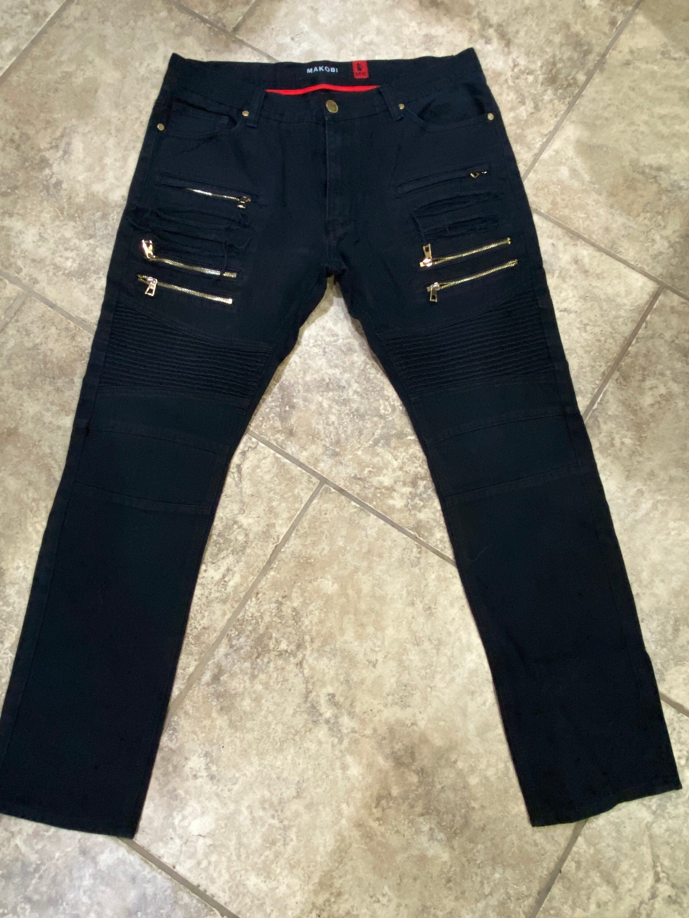 Makobi Jeans Men Black Size 36 X 32 Distressed Biker Pants Etsy