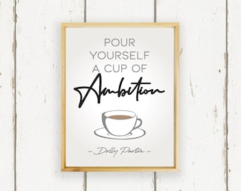 Pintado a mano "Sírvete una taza de ambición" - Café de la mañana - Dolly Parton 9 a 5 - Letrero de madera para decoración del hogar