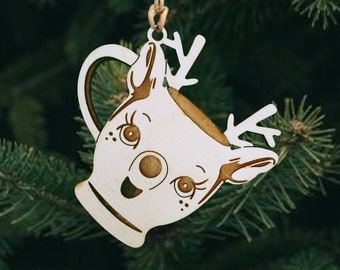 Handmade Wooden Ornament - Vintage Christmas Reindeer Mug