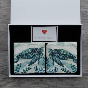 Turtle Slate Coasters, Blue Teal Colour, with optional Gift Box, Turtle Gifts Decoration