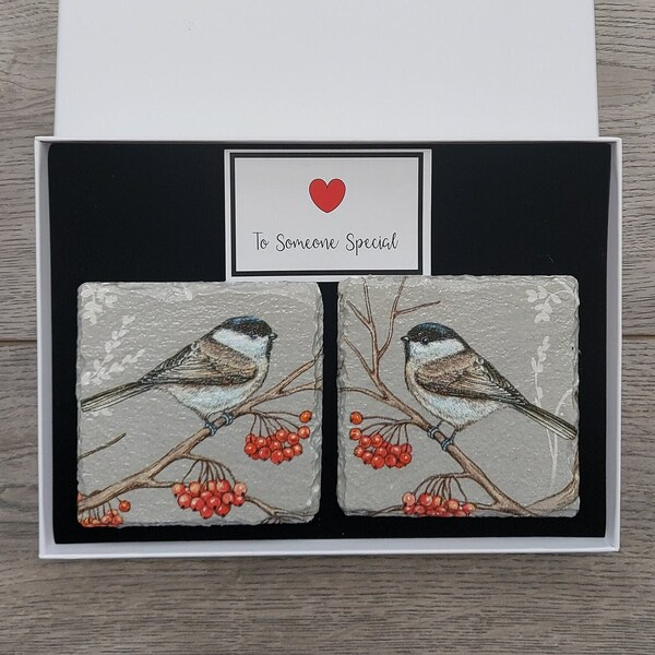 Bird on Branch Slate Coasters, Grey Decoration, with optional Gift Box, Bird Gifts