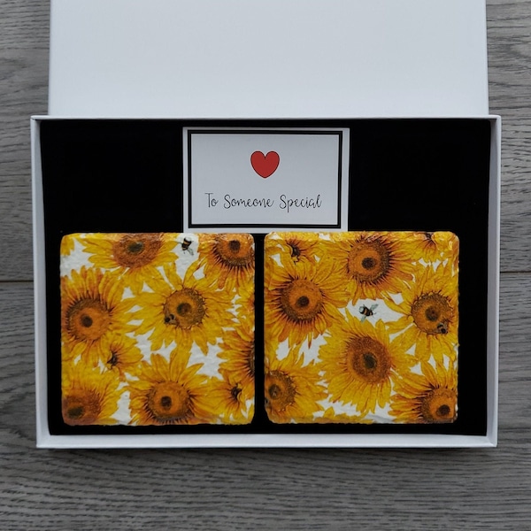 Sunflower Bee Slate Coasters: Decoupage Rustic Coasters, Gift Box Option
