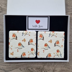 Robin Slate Coasters, Robin Gifts, with optional Gift Box, Red White, Bird Gifts, Christmas Decoration