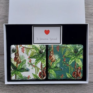 Orangutan Slate Coasters: Tropical Palm Leaf Drink Coasters