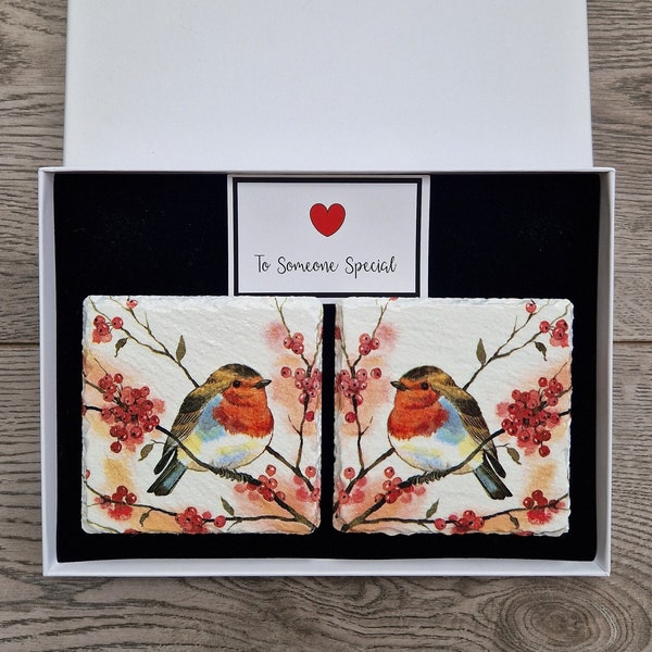 Robin Slate Coasters, Robin Gifts, with optional Gift Box, Red White, Bird Gifts, Christmas Decoration