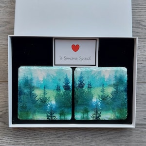 Forest Teal Slate Coasters, Woodland Scenery , Blue, Green, White, Single, Pair or Set of 4, Unique Home Decor