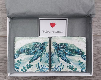 Wave Turtle Pattern Car Coasters Cute Car Decor Ceramic Coaster Inserts Fun Turtle Lover Spring Summer Beach Gift