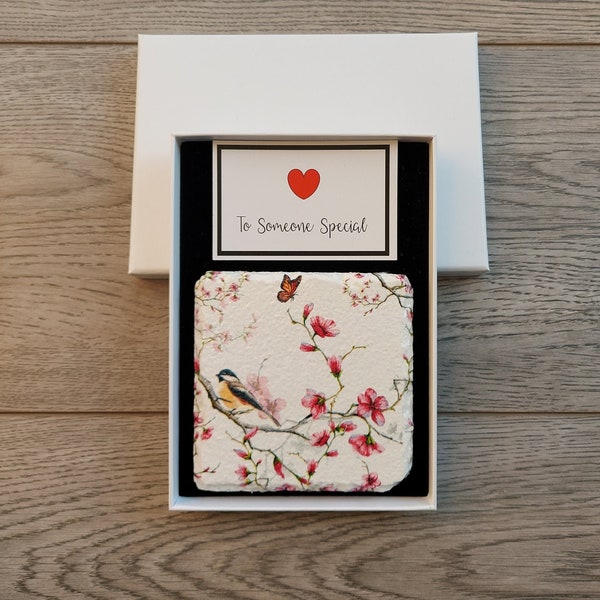 Bird & Blossom Coaster Slate with optional Gift Box, Pink White, Bird Gifts