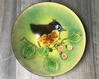 Enamel on Copper Pin Dish Chickadee by Helen Churchill Mid Century Bird Plate Signed Vintage Metal Artisan MCM Decor