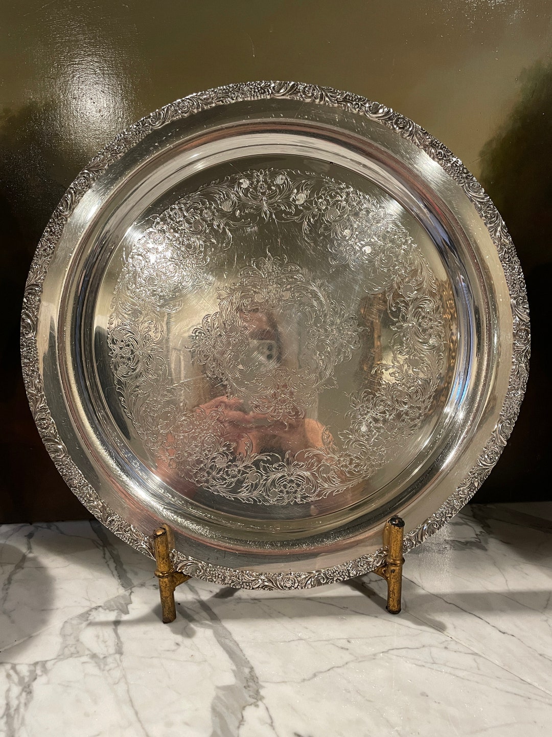 Vintage Large Round Silver Serving Tray / Pretty Ornamental Trim