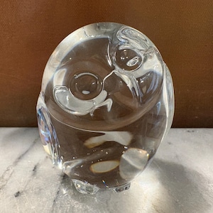 May include: A clear glass owl figurine with a rounded body and large, round eyes. The owl is sitting on a white and gray surface. The figurine is made of transparent glass.