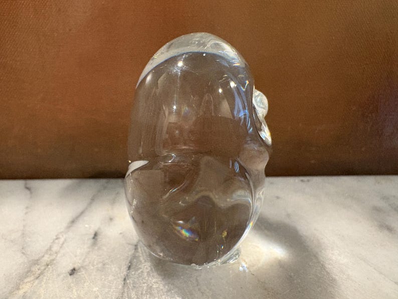 Puede incluir: Una escultura de vidrio transparente y lisa con forma de figura abstracta redondeada. El objeto presenta una superficie pulida y reflectante con sutiles curvas internas y una calidad transparente que permite el paso de la luz, creando reflejos suaves.