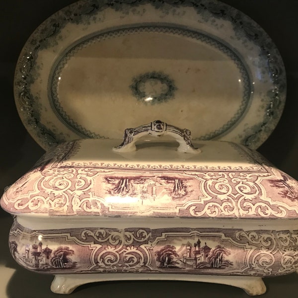 Purple Transferware Footed Covered Dish / Antique C. 1870 / W. H. Grindley / Victorian Dining and Serving / Purple Ironstone / Footed Dish