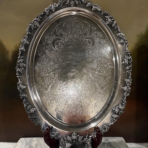 Ornate Oval Silver Butlers Tray with Grapevine Clusters / Footed Serving Tray - Appetizer Tray / 24&quot; Wide