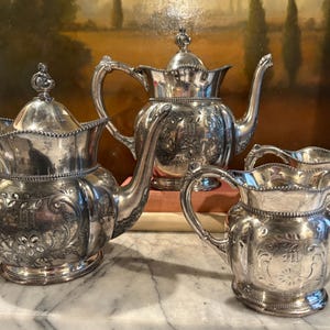 Victorian Silver 4 Piece Tea & Coffee Service / Each Piece Monogrammed with an &quot;M.&quot; / Etched Floral Pattern / Teapot Coffeepot Sugar /