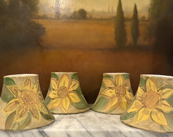 Hand Painted Sunflower Chandelier Shades / Set of 4 / Ivory Silk Lined / Cottage French Country/ Clip on Shades