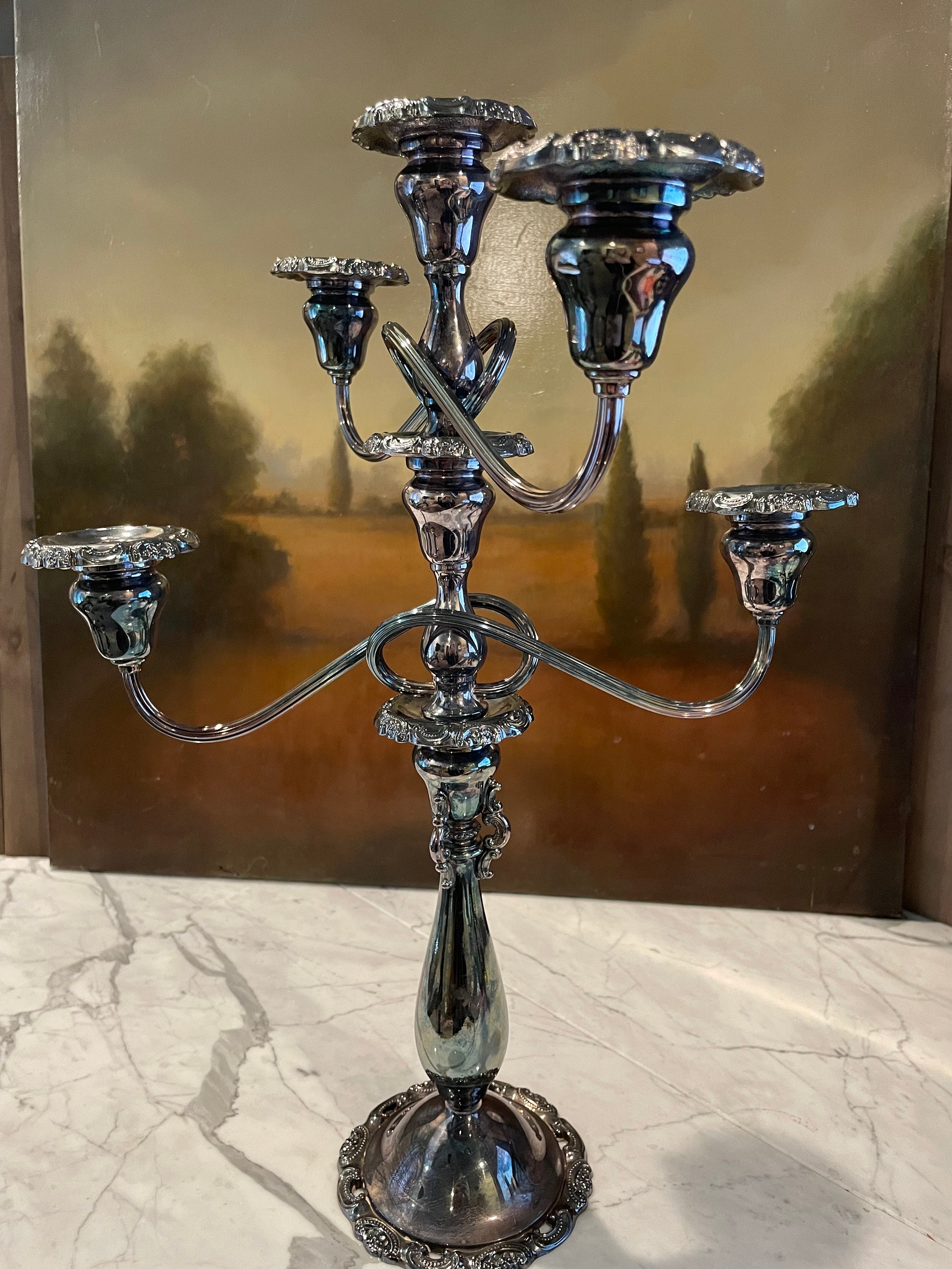 CasaJame Home Decoration Accessories Candleholder Design 4-Arm Candelabra with Plate Combined in Baroque Shabby Chic Style Aluminum Silver 45x15x24cm 