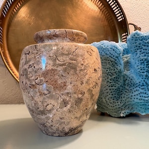 Puede incluir: Un jarr&oacute;n decorativo de piedra moteada con tapa a juego. El jarr&oacute;n es una mezcla de tonos beige, marr&oacute;n y gris. Una bandeja dorada con asas ornamentadas est&aacute; en el fondo, junto con un trozo de coral azul.