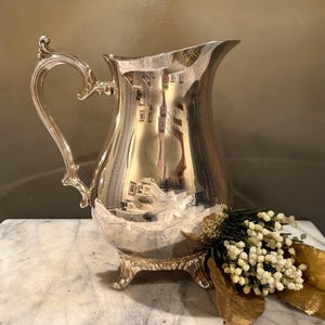 Vintage Silver Footed Water Pitcher by Wm Rogers / Curvaceous Mustache Shaped Ice Guard / Fancy Scroll Handle and Feet