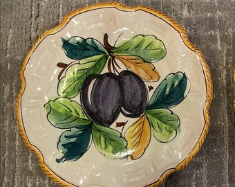 Vintage Italian Fruit Plate, Hand Painted Plum Motif, Scalloped Edge