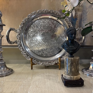 Vintage Baroque Silver Plate Serving Tray with Handles – Ornate Engraved  Platter for Canapés & Hors d’Oeuvres – Holiday Entertaining