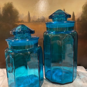 Vintage Capri Blue Canister Set of 2 / Faceted Lid / Blue and White Kitchen / Beach House Decor / Glass Canisters