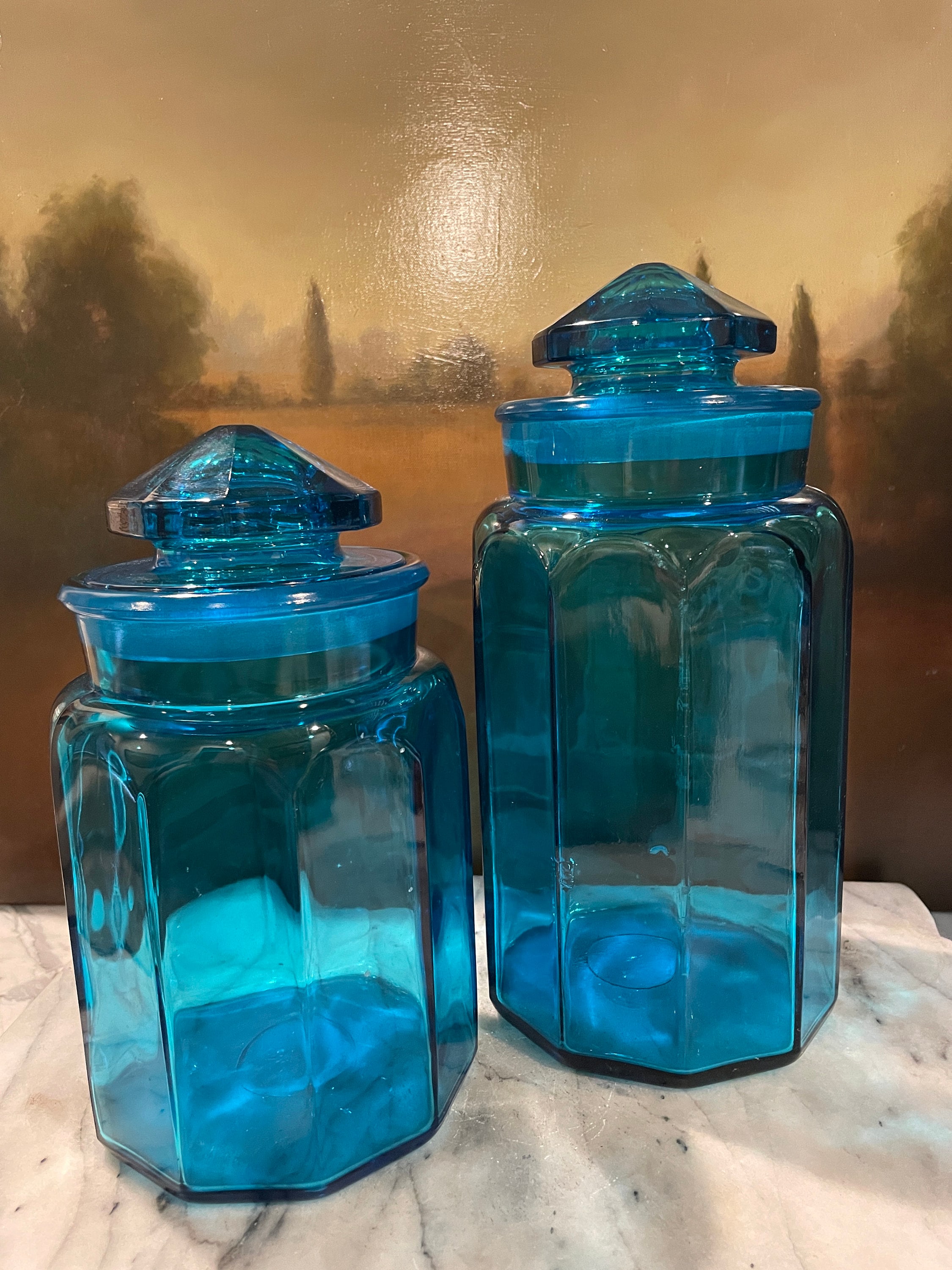 Vintage Capri Blue Canister Set of 2 / Faceted Lid / Blue