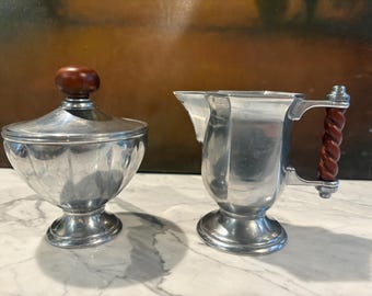 Vintage Art Deco English Hammered Pewter Sugar and Creamer Milk