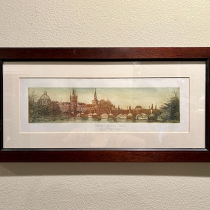 Vintage Prague Charles Bridge Etching Print | Praha Karluv Most 2001 | Framed Czech Cityscape Art | European Wall Decor