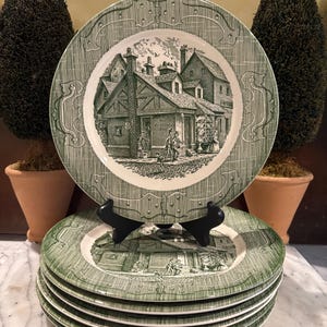 Set 7 “The Old Curiosity Shop” Plates / Dickensian Green Transferware / Royal China Currier & Ives Collection / Storybook Holiday Tableware