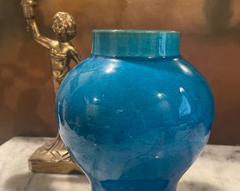 Chinese Monochrome Peacock Glazed Vase / Turned Pottery with Subtle Crazing / 7" x 5" / Wheel Turned Pottery